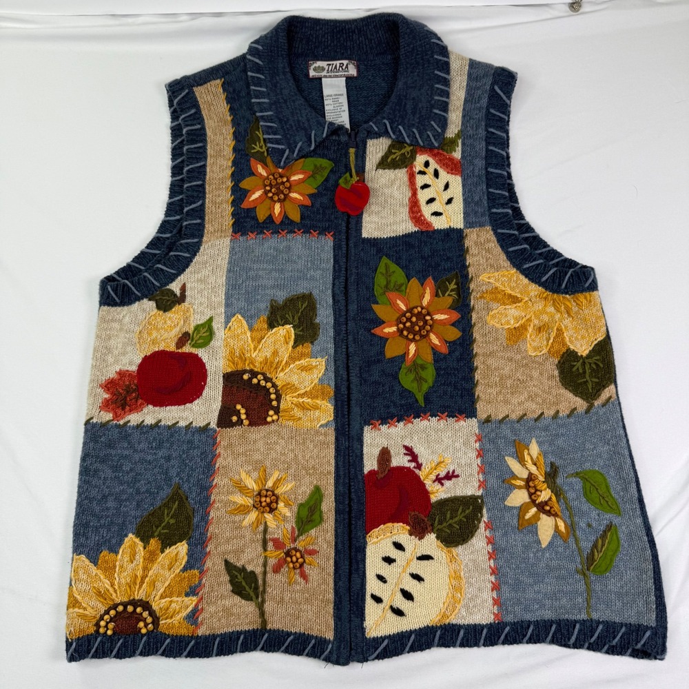 Tiara International Vintage Knit Vest Large Blue Patchwork Sunflower Apple Fall